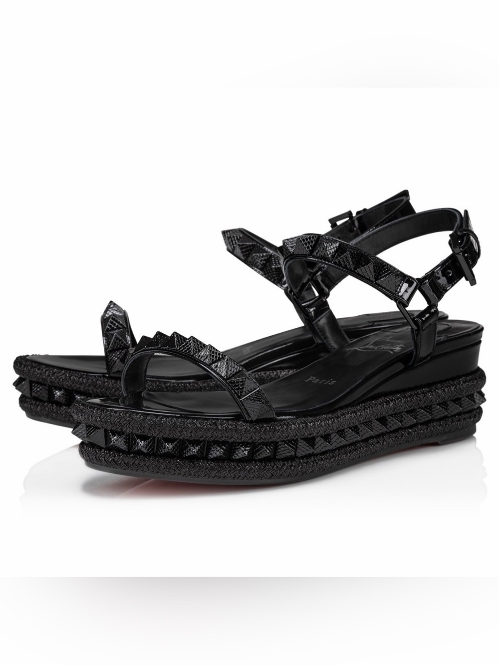 $995 Christian Louboutin Pyraclou Espadrilles Patent Wedge Platform Spike Sandal